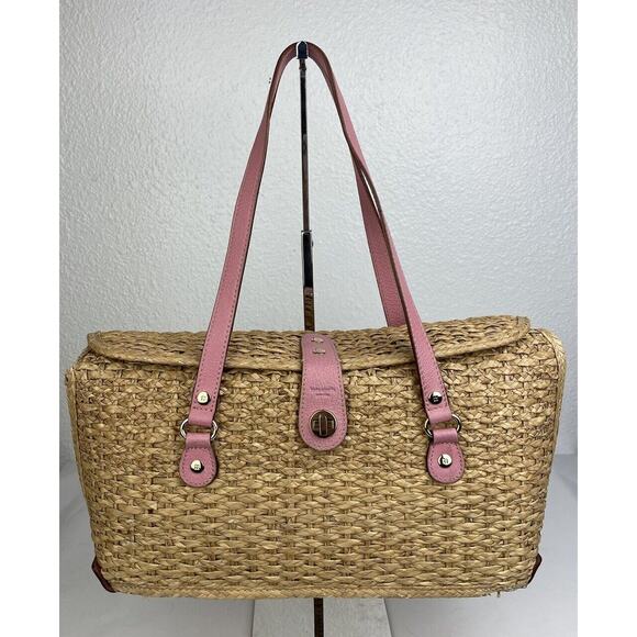Kate Spade Straw Picnic Wine Wicker Shoulder Bag Purse Basket Pink Leather Trim